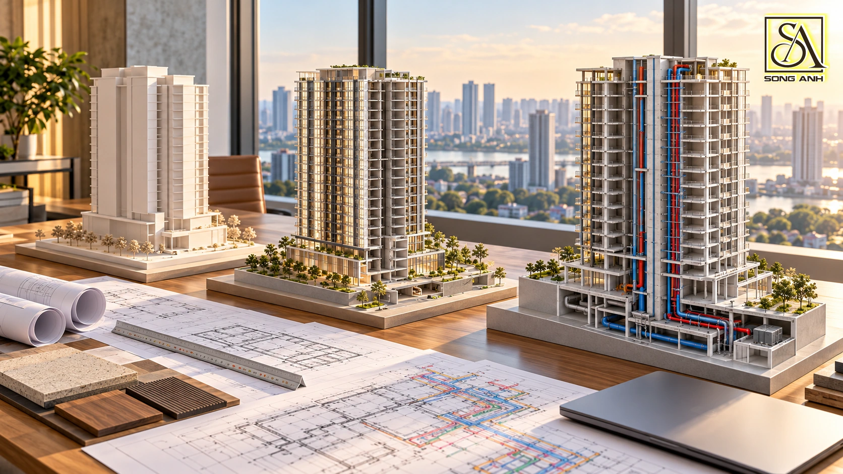 Ba mô hình cao tầng minh họa quá trình bổ sung thông tin từ phương án kiến trúc đến phối hợp kết cấu và MEP.